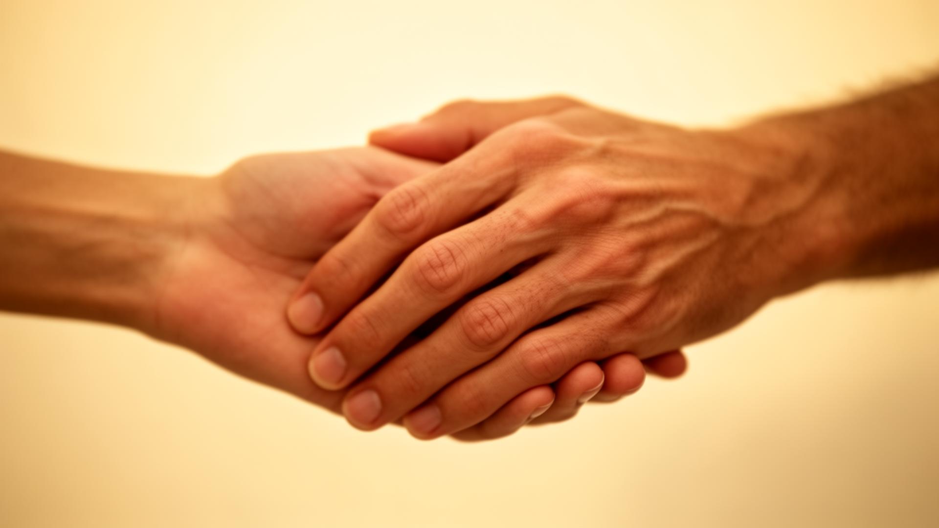 Two hands gently meeting in warm light